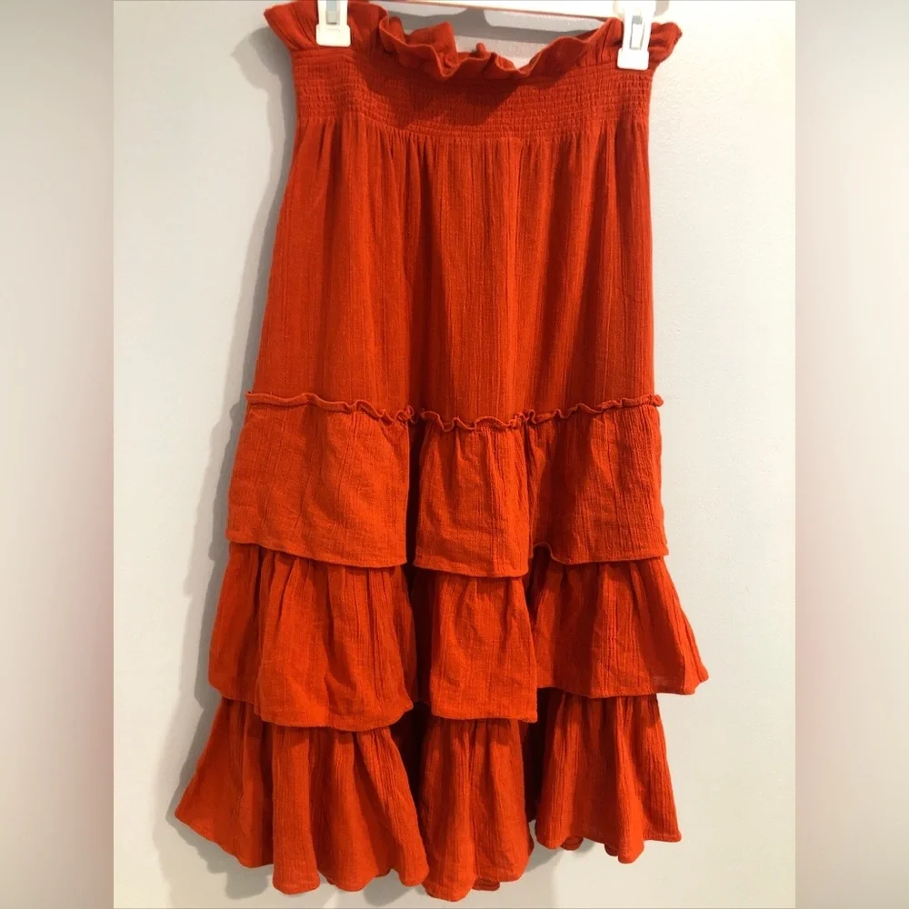 Free People Boho Sea Breeze Tiered Skirt Burnt Orange Sz Small Endless Summer